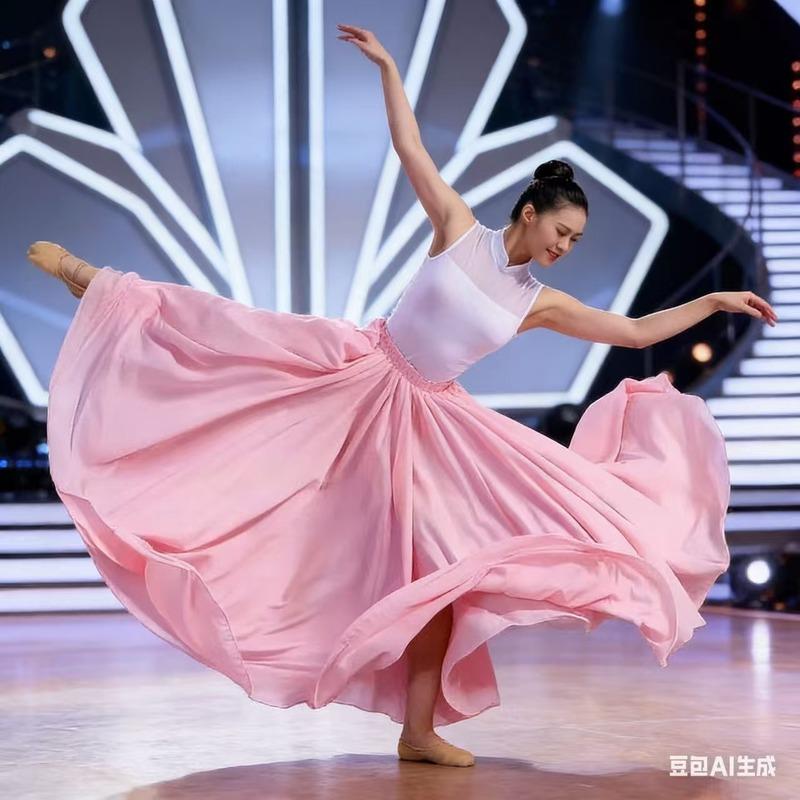 Dance Skirt Women Double Have Liner Chiffon Skirts Elastic Waist Ruffled Maxi Skirts Elegant Female Big-hem Skirts 720 Degrees