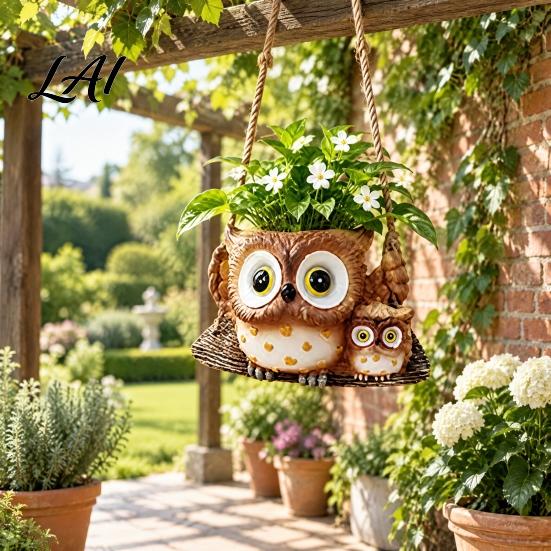 Hanging Flower Pot Decorative Owl Flowerpot Resin Swing Succulents Planter Cute Parent-child Garden Decor Planter with Hemp Rope for Indoor Outdoor