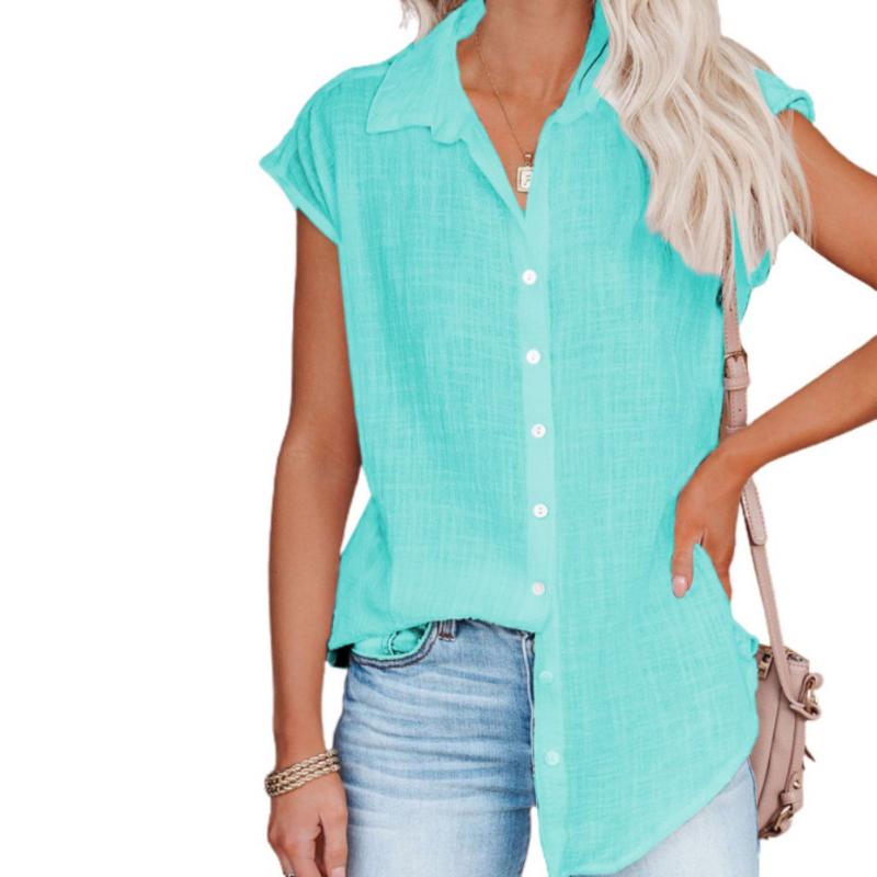 Женская однотонная хлопковая льняная блузка с коротким рукавом, весна-лето, рубашки большого размера на пуговицах, свободные длинные топы с лацканами больших размеров