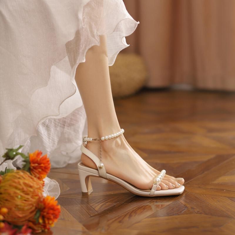 2024 New Fairy Wind Pearl Sandals Korean Version Summer Thick High-heeled Buckle Square Open-toe Women's Sandals Open Toe Shoes