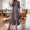 Women's  New Fashion Printed Sexy V-neck Long Sleeved Lace Up  Long Bohemian Casual Loose Dress