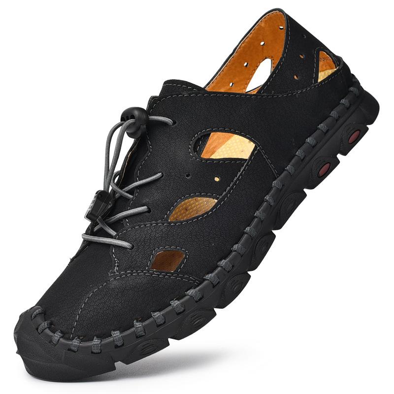 Большие размеры летние мужские сандалии из натуральной кожи с закрытым носком повседневные дышащие пляжные мужские модные туфли двойного назначения с отверстиями
