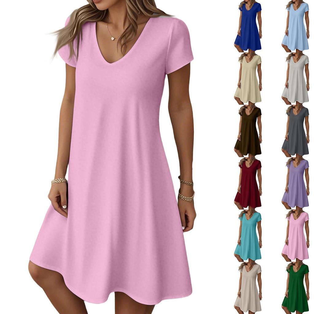 Women's Fashion Summer Casual Short Sleeve Solid Color Dress