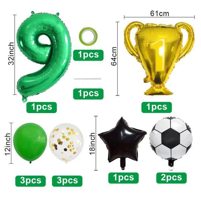 32-дюймовый Зеленый Цифровой Футбольный Набор из 5 Воздушных Шаров из Алюминиевой Пленки - Подарок на День Рождения - Футбольный Шар Чемпионата Мира