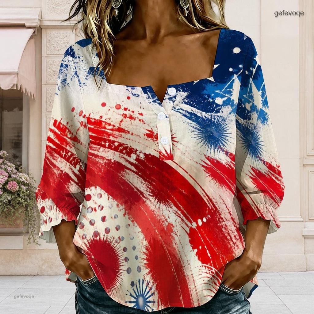 Womens Plus Size Square Neck Long Sleeve Front Button Soft Elegant Loose Versatile Casual Daily Ladies Blouse