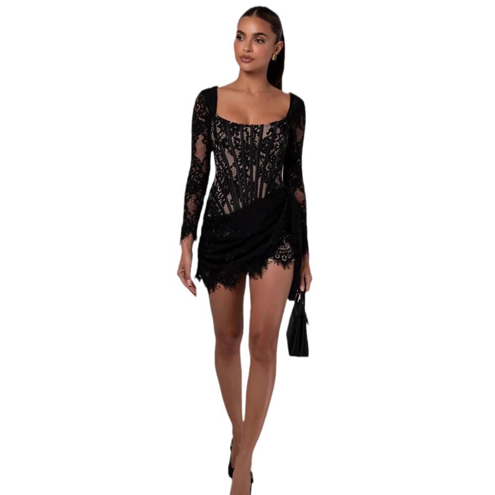 Европейское и американское сексуальное кружевное платье-сетка с корсетом на косточках – с длинными рукавами, осенне-зимняя короткая юбка