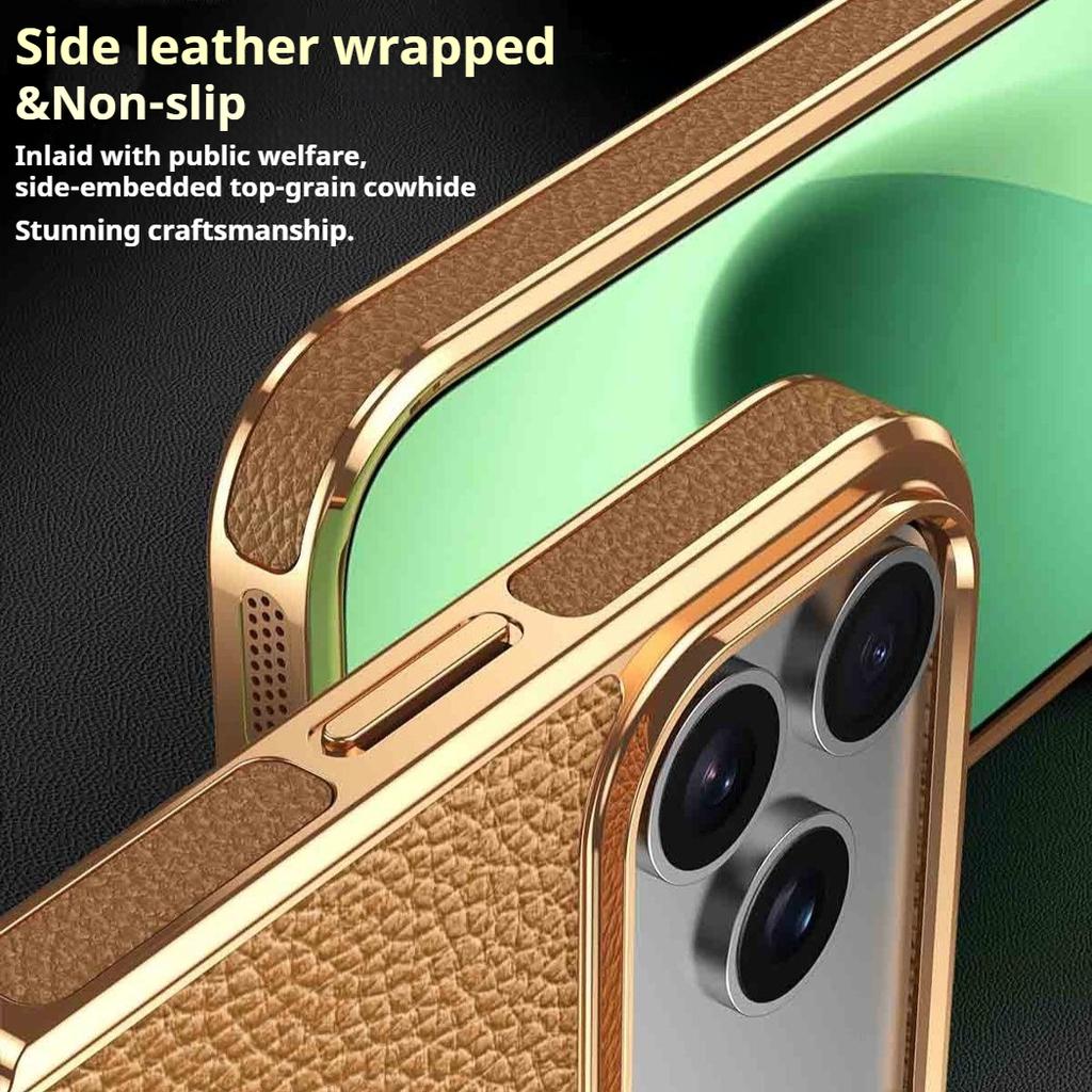 Phone Case For iPhone 17 Pro Max Air 17 16 15 14 Pro Electroplated TOGO First Layer Cowhide Wireless Charging Magnetic Suction