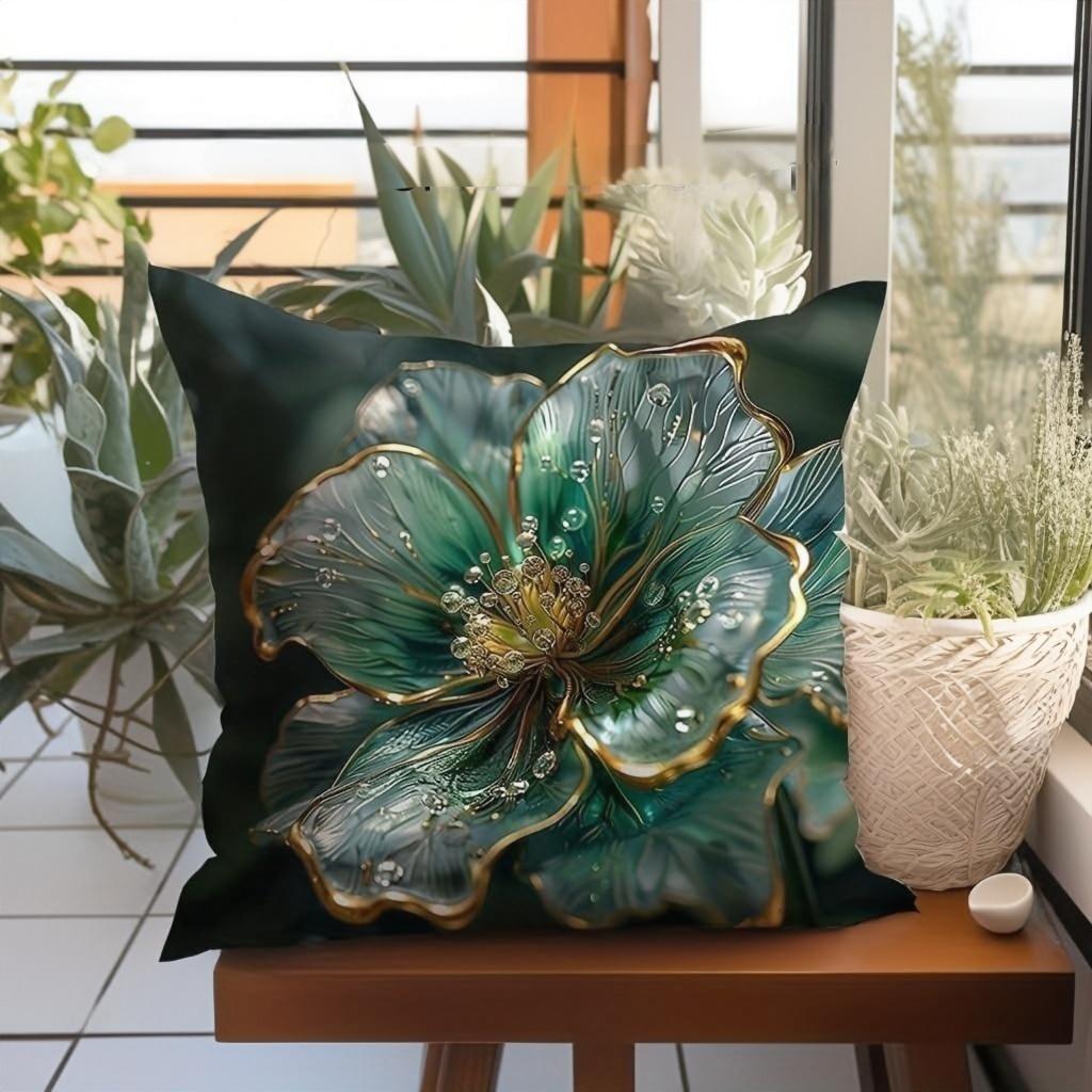 Emerald Green Gold Floral Pillow Cover Luxury Crystal Print Elegant Botanical Cushion Case For Sofa Bed Couch Glam Modern Home
