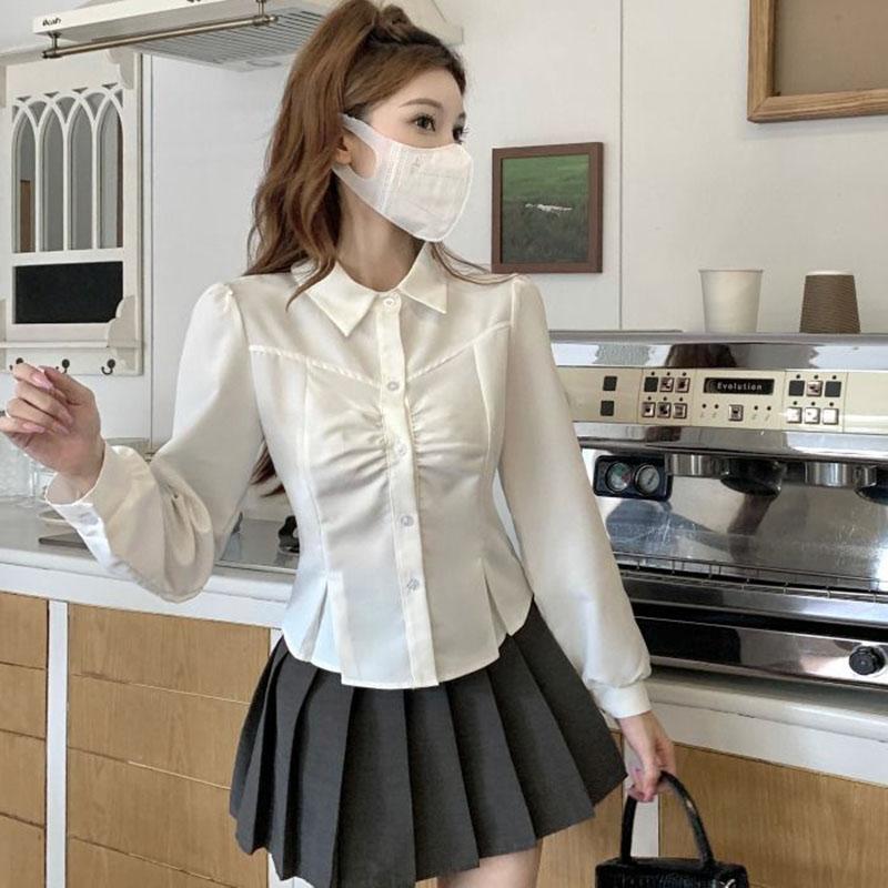 Белая укороченная рубашка женская корейский стиль универсальный повседневный дизайн рубашки и блузки Jk женская мода тонкий офисная блузка на пуговицах