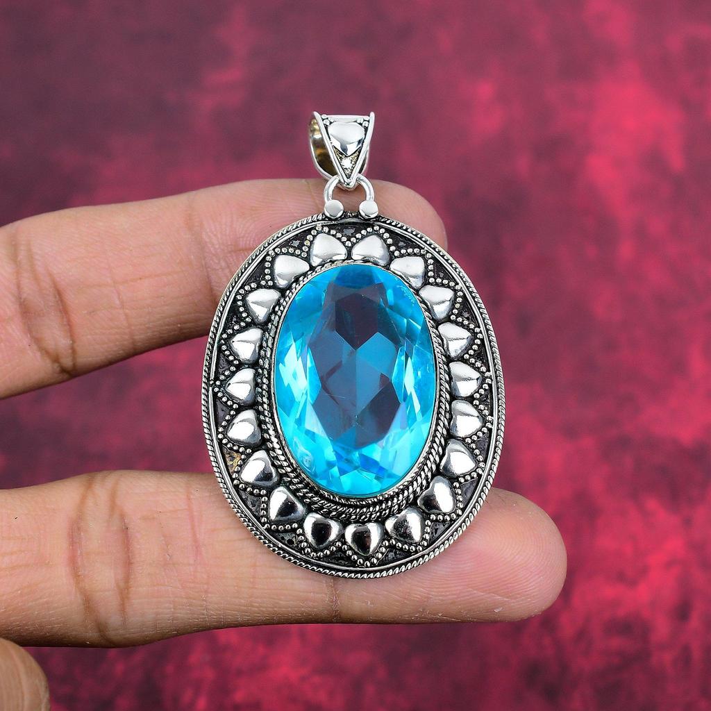 Подвеска с голубым топазом, ювелирные изделия из цельного серебра 925 пробы с драгоценными камнями, подвеска ручной работы, на День благодарения