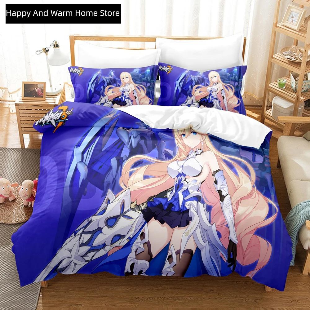 3D Аниме Honkai Impact 3-го Поколения Комплект Постельного Белья С Принтом 2_3 шт Мягкий Пододеяльник Комплект Постельного Белья Удобный Пододеяльник Для Дома Домашний Текстиль