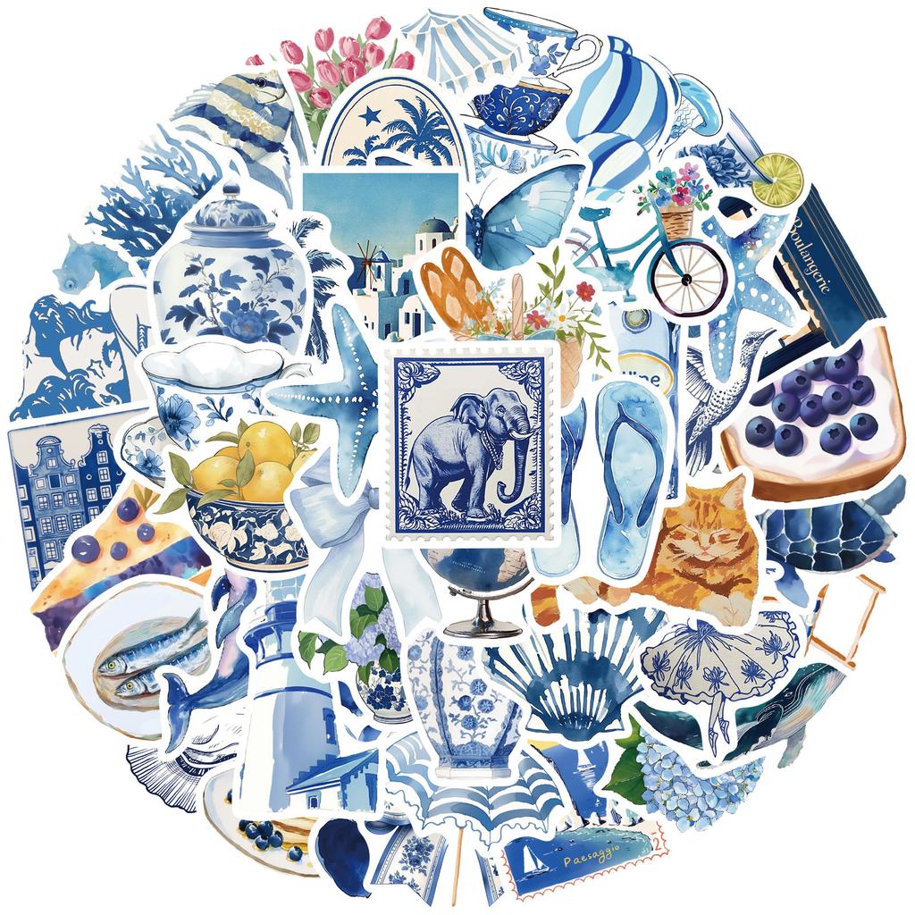 50pcs Blue Style Watercolor Aesthetics Graffiti Stickers Phone Guitar Laptop Notebook Suitcase Cup Waterproof Sticker Kids Toys