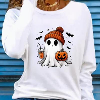 Топы для женщин, симпатичная футболка с принтом тыквы-призрака с круглым вырезом и длинными рукавами, осенний повседневный тонкий пуловер, женский топ с длинными рукавами
