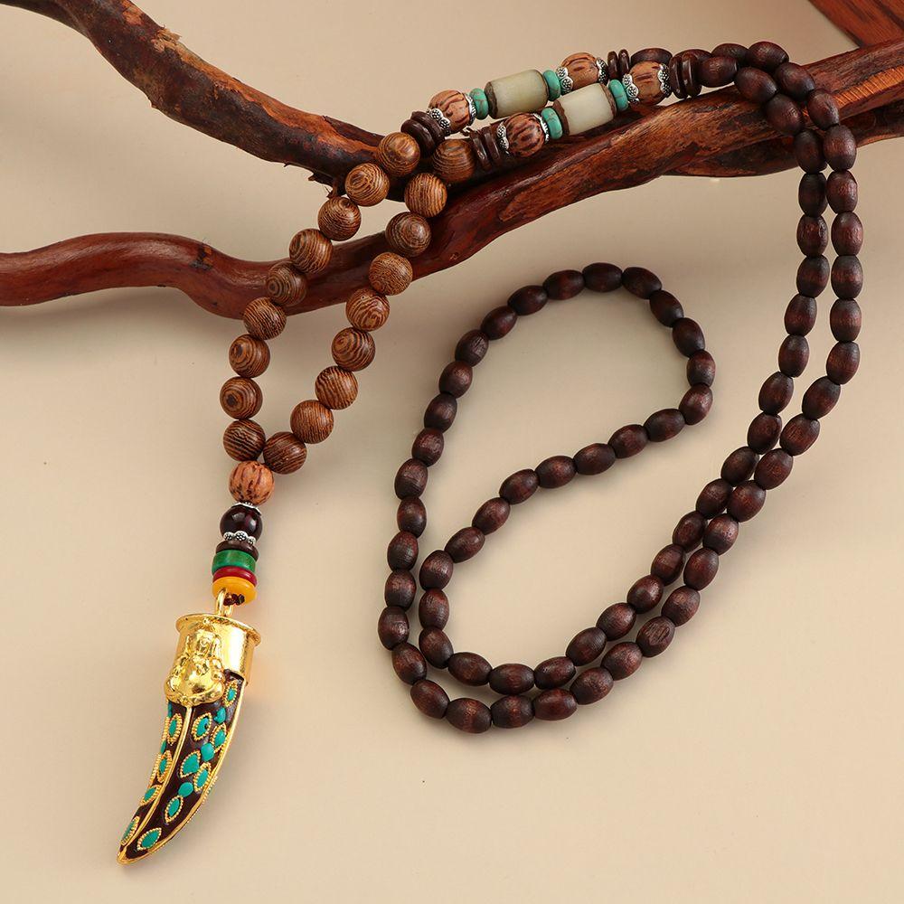 Boho Lucky Gift Ethnic Jewelry Party Buddhist Mala Wood Bead Horn Fish Pendant Nepal Necklace