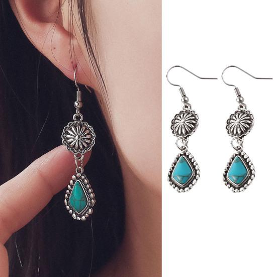 1 Pair Women Hanging Earrings Retro Anti-allergy Bohemian Style Flower Stone Shape Electroplated Faux Turquoise Ear Jewelry Prom Long Hook Earrings