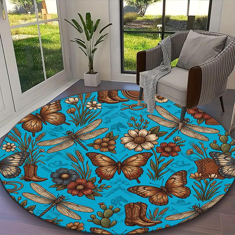 1pc Teal Checkered Butterfly Floral Printed Chair Rug for Home Office Use, Living Room Kitchen Game Room Round Carpet