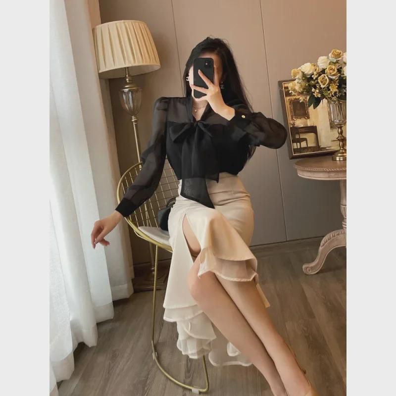 Women's Black Fishtail Skirt & Long-Sleeve Shirt Two-Piece Set - Early Spring 2024