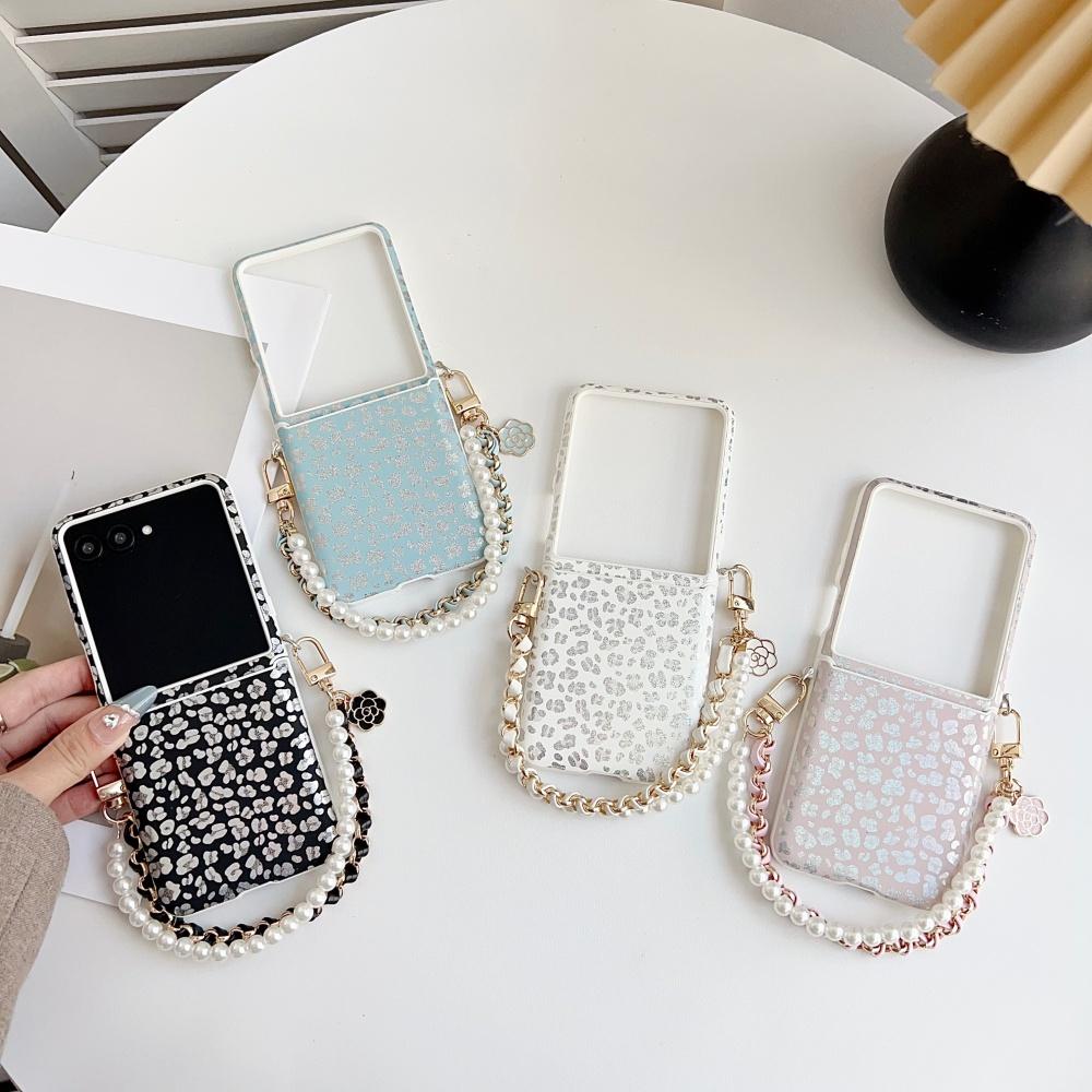 Laser Leopard Print Lanyard Phone Case For Samsung Galaxy Z Flip 8 7 6 5 Flip7 FE Foldable Bracelet Shockproof Protective Cover