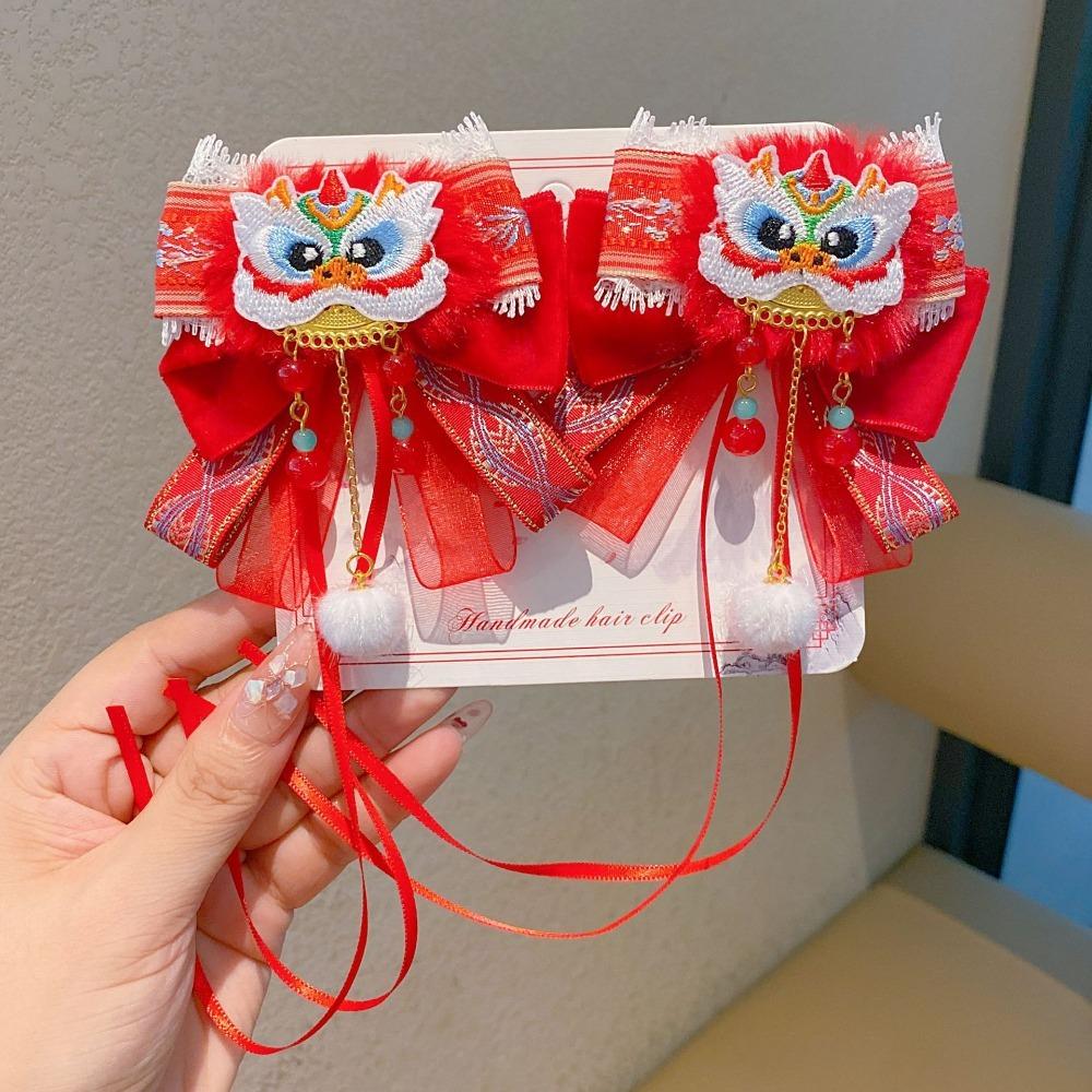 Plush Ball New Year Barrettes Bow Embroidered Bow Headwear Sweet Hanfu Hair Accessories  Girls