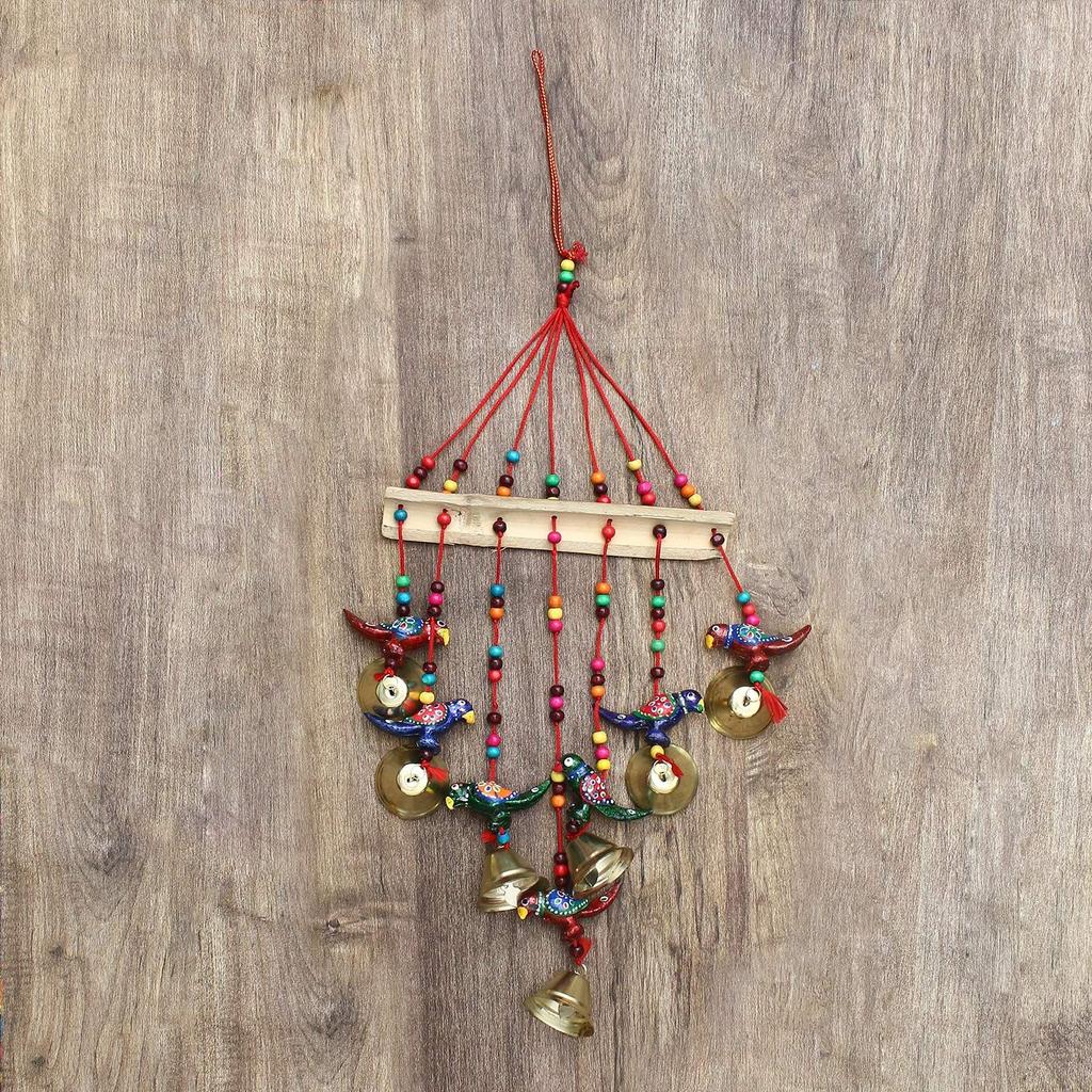 Multicolor Handcrafted Beads Bells Parrot Statue Window Wall Door Hanging Wind Chimes Decorative Showpiece- Diwali Decoration Items for Home Decor