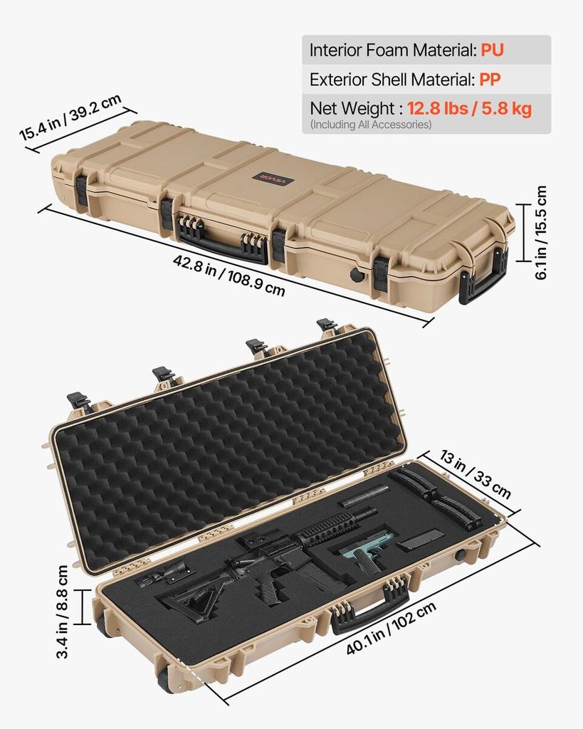 Hard Rifle Case, Lockable Rifle Case with Pre-cut Foams, 1016 mm Gun Storage with Wheels, IP67 Waterproof & Dustproof Movable Large Pistol Storage for