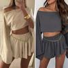 2 Pcs/Set Women Cropped Top Shorts Set Long Slit Sleeve Boat Neck Off Shoulder Solid Color