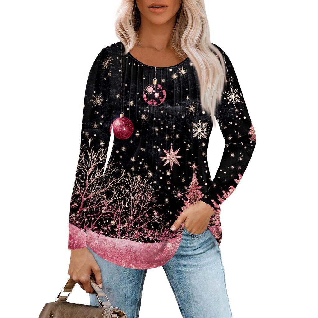 Женская повседневная футболка с круглым вырезом и длинными рукавами с рождественским принтом и складками