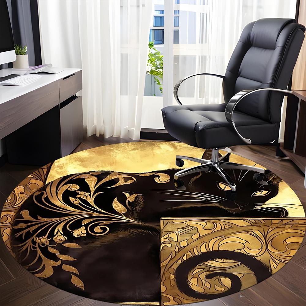 1pc Cat Gold Office Round Area Rug, Under Office Chairs Bedroom Living Room Home Decor, Room Deco, Available in Various Sizes