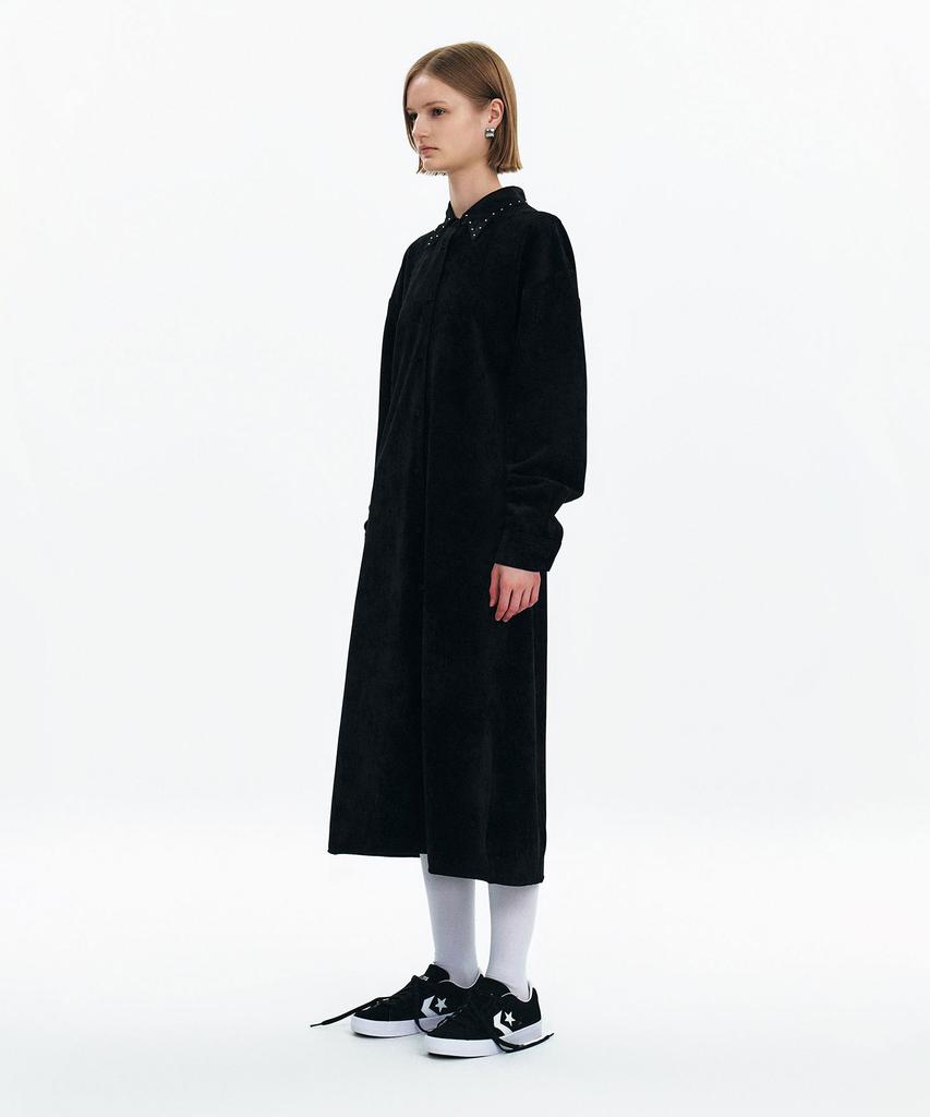 Yunse Studded Velvet Shirt Dress (Black)