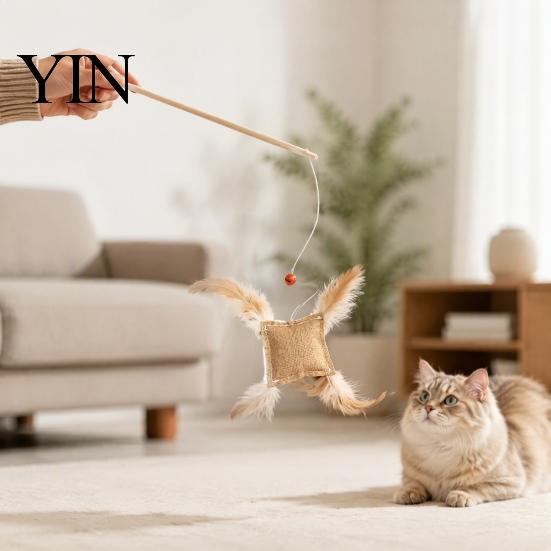 Натуральная льняная охотничья игрушка-удочка для кошки с мешочком, интерактивный колокольчик, ручная палочка с деревянной ручкой и перьями для домашних кошек, для царапания и погони