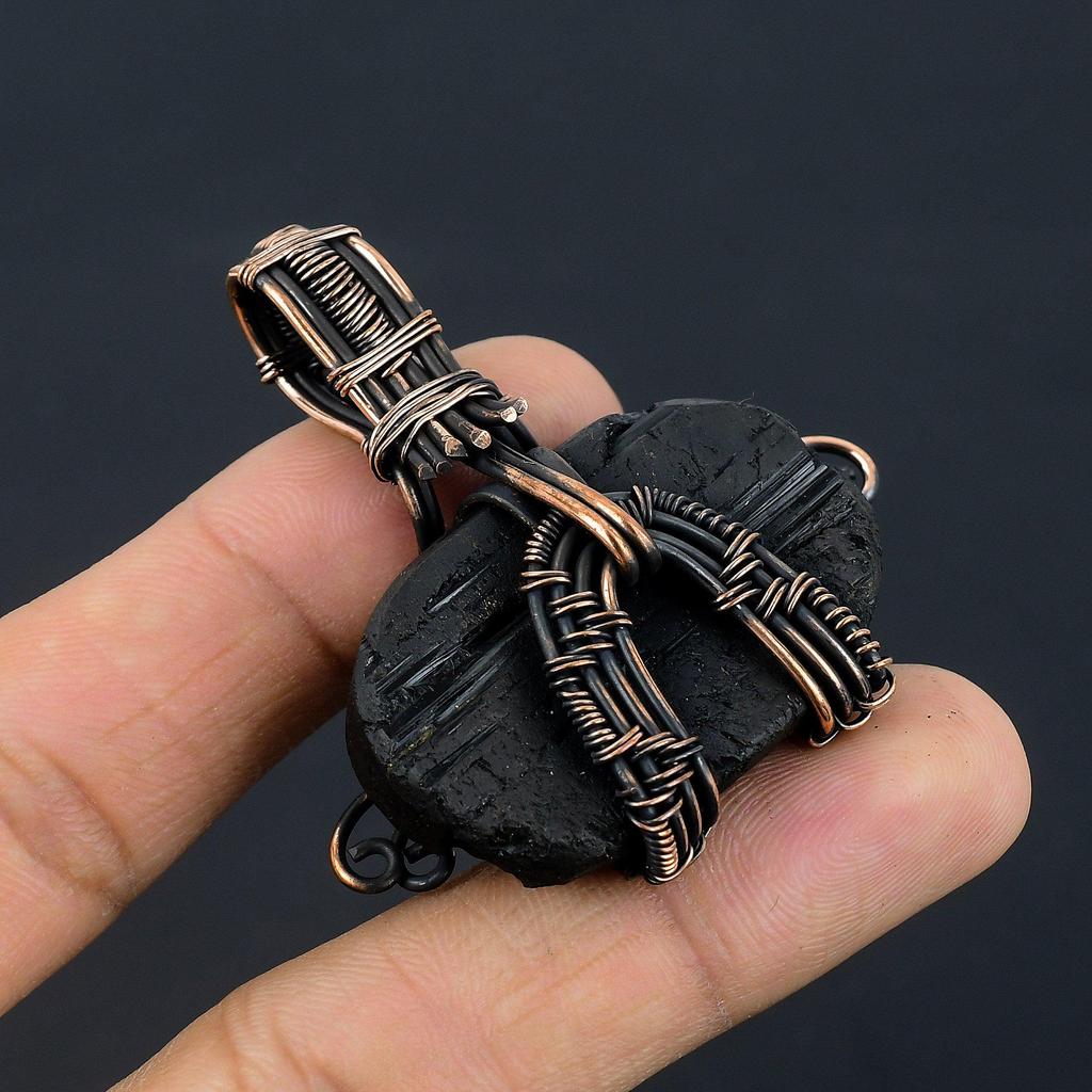 Подвеска из черного турмалина, Ювелирное изделие из драгоценного камня, Подвеска, обернутая медной проволокой 999 пробы, Удивительное ювелирное изделие ручной работы