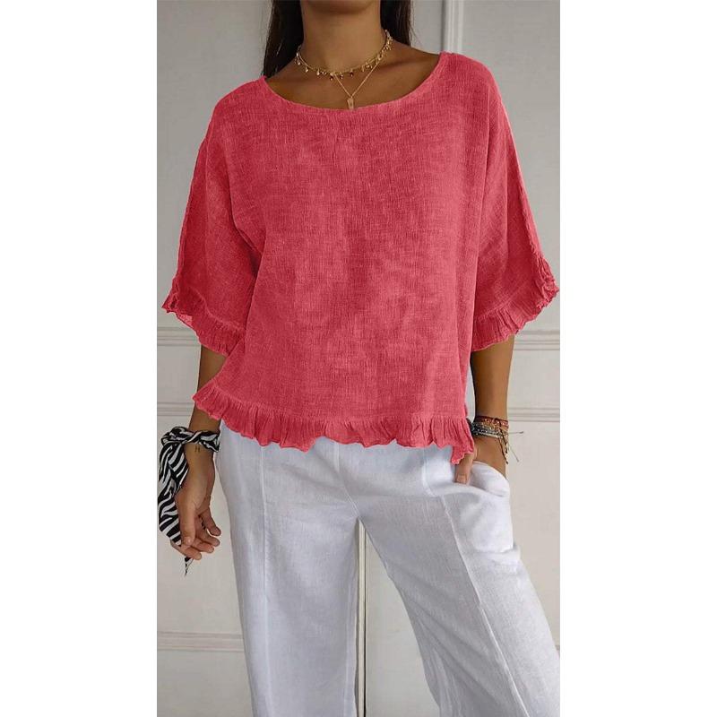 Summer Casual T-Shirt Round Neck Short Sleeved Cotton Linen Blouse Casual Solid Color Loose Pullover Clothes Fit Shirt for Women