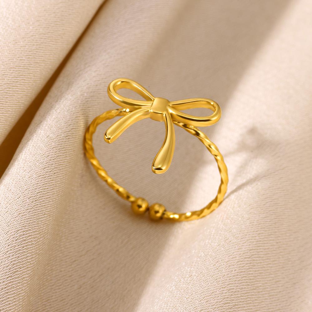 Stainless Steel Bow Rings For Women Men Gold Color Open Adjustable Bowknot Ring Femme Cpuple Charming Elegant Jewelry