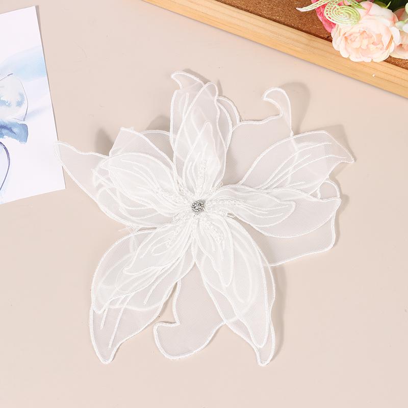 Multi-Layer White Black Lace Beads Organza Flower Sew On Patch For Wedding Evening Dress Decoration Applique