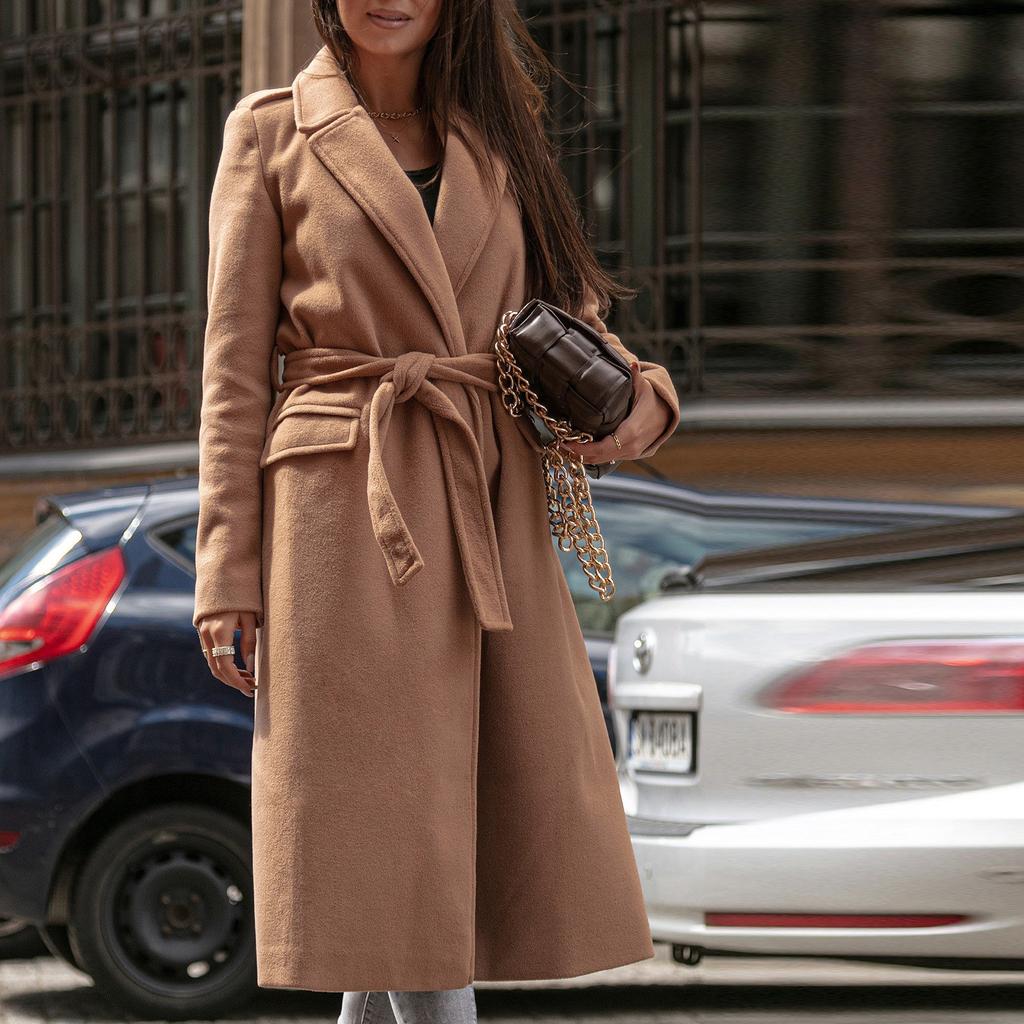 Women's Fashion Warm Winter Long Sleeve Solid V-neck Bandage Wool Coat