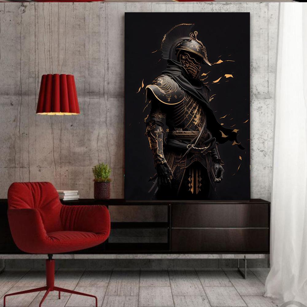 Черный и золотой самурай, средневековый воин в доспехах, фигурка, холст, настенные художественные картины, напечатанные современные классические ретро-роскошные художественные плакаты, украшения для дома