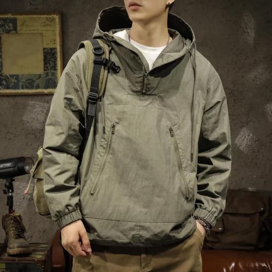 Мужской плащ однотонный длинный рукав полумолния капюшон куртка с карманами на молнии свободный крой тонкая куртка для отдыха