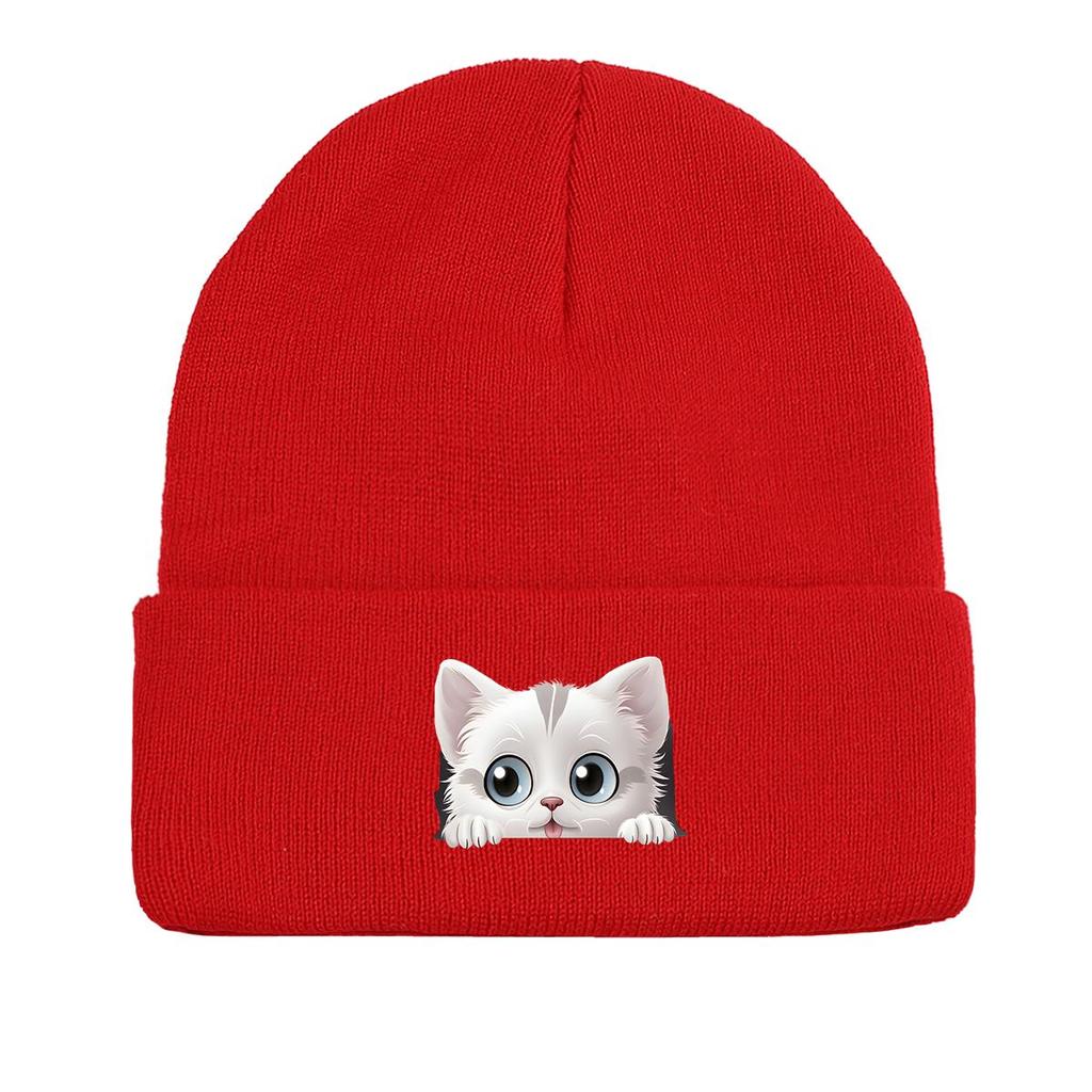 Cute White Cat Winter Knit Hat Beanie, Animal Man Cap Soft Winter Unisex Pompom Beanies Knitted Cap Beanie