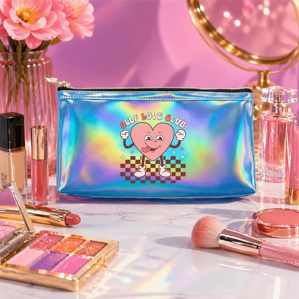Retro Aesthetic Heart Print Laser Cosmetic Makeup Bag, Holographic Checkerboard Vanity Pouch, Portable Travel Toiletry Organizer for Beauty Gifts