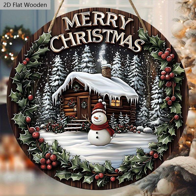 Warm Winter Wooden Christmas Sign with Snow House & Snowman Pattern - Navidad Round Sign for Front Door Wall Hanging Decor - Ideal Christmas Gift