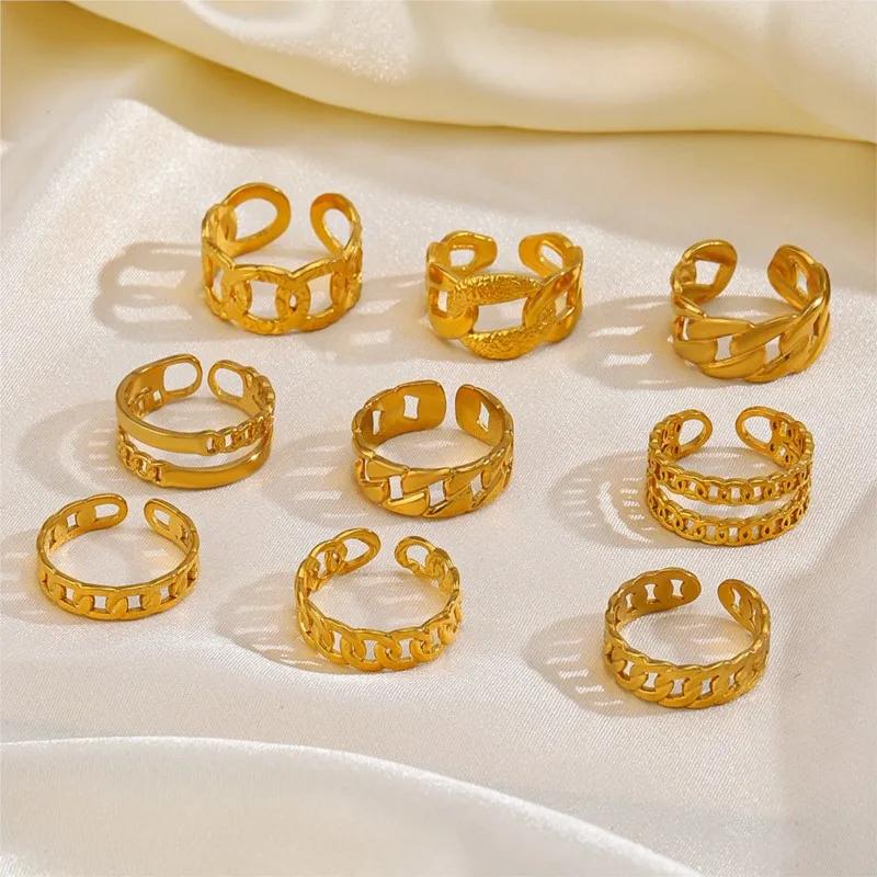 1Pcs Stainless Steel Geometric Chain Hollow Ring For Women Trendy Simple Personality Open Ring Waterproof Jewelry Accessories