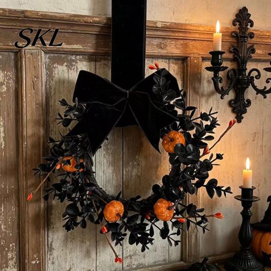 Black Branch Wreath Halloween for Front Door, 9 Inch Pumpkin with Spooky Velvet Bow Home Porch Holiday Party Window Wall Decor Shop