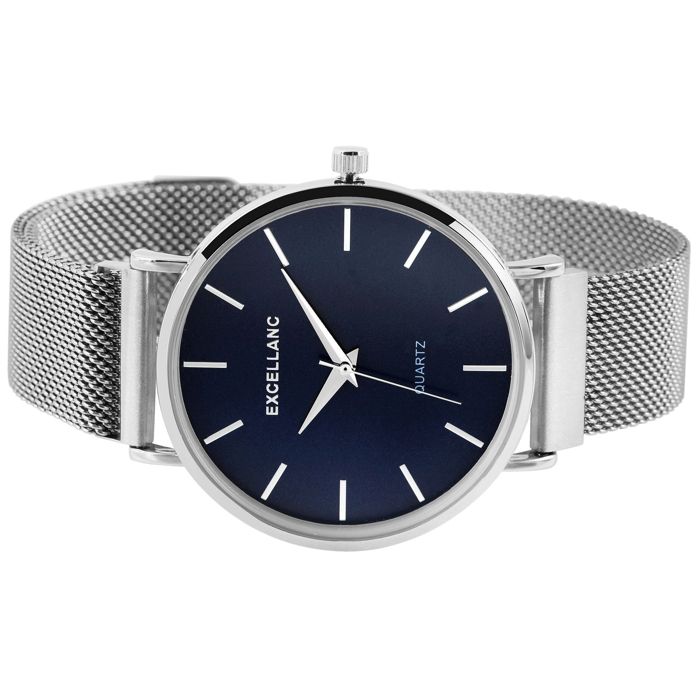 Montre - EXCELLANC - EX0554 - Boîtier 41 mm argent - Cadran bleu - Bracelet milanaise acier 20 mm