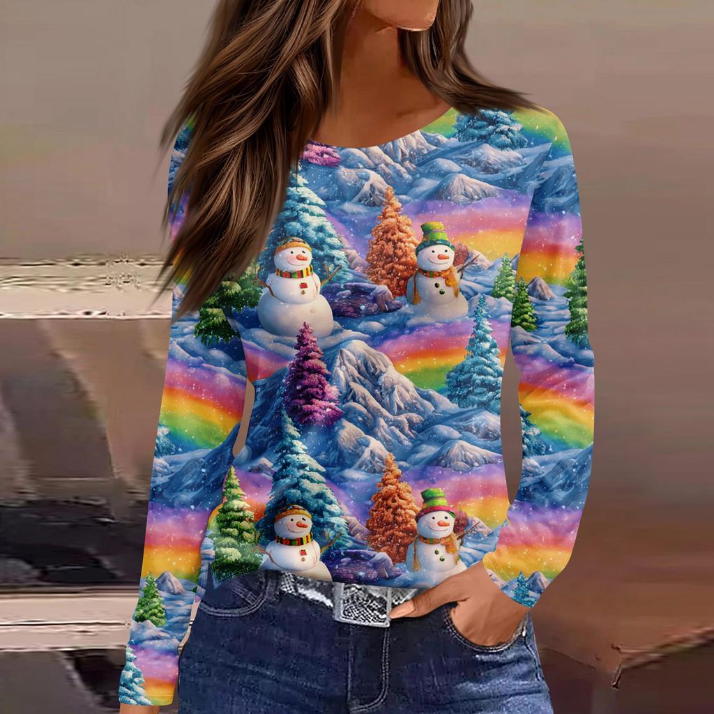 Женская модная повседневная свободная футболка с разрезом и круглым вырезом с длинным рукавом с принтом, женский топ