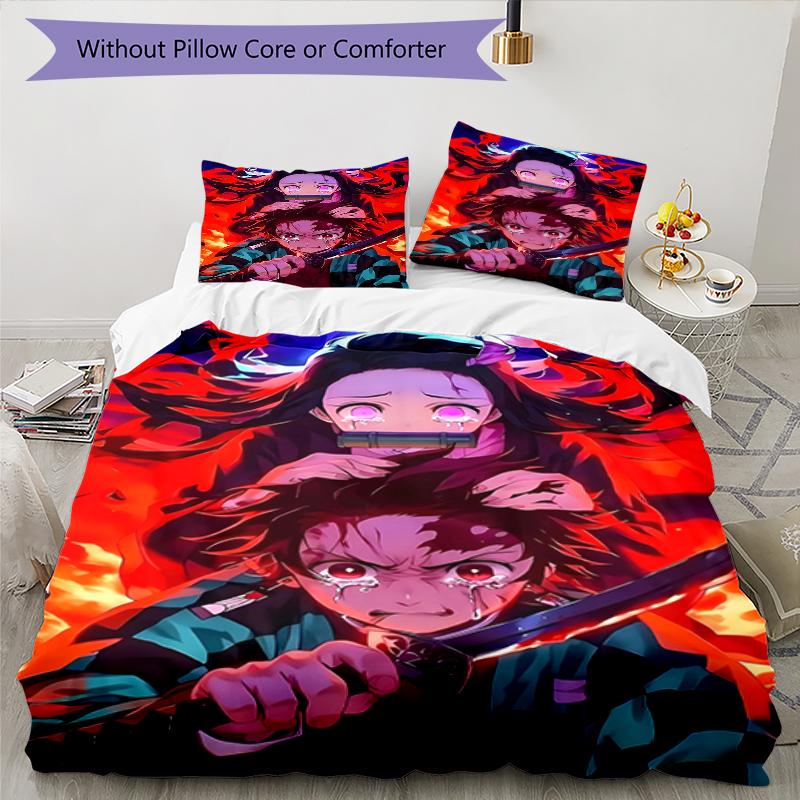 3pcs Demon Slayer pattern bedding set duvet cover set includes duvet cover &pillowcases, perfect all season bedroom decoration & gift