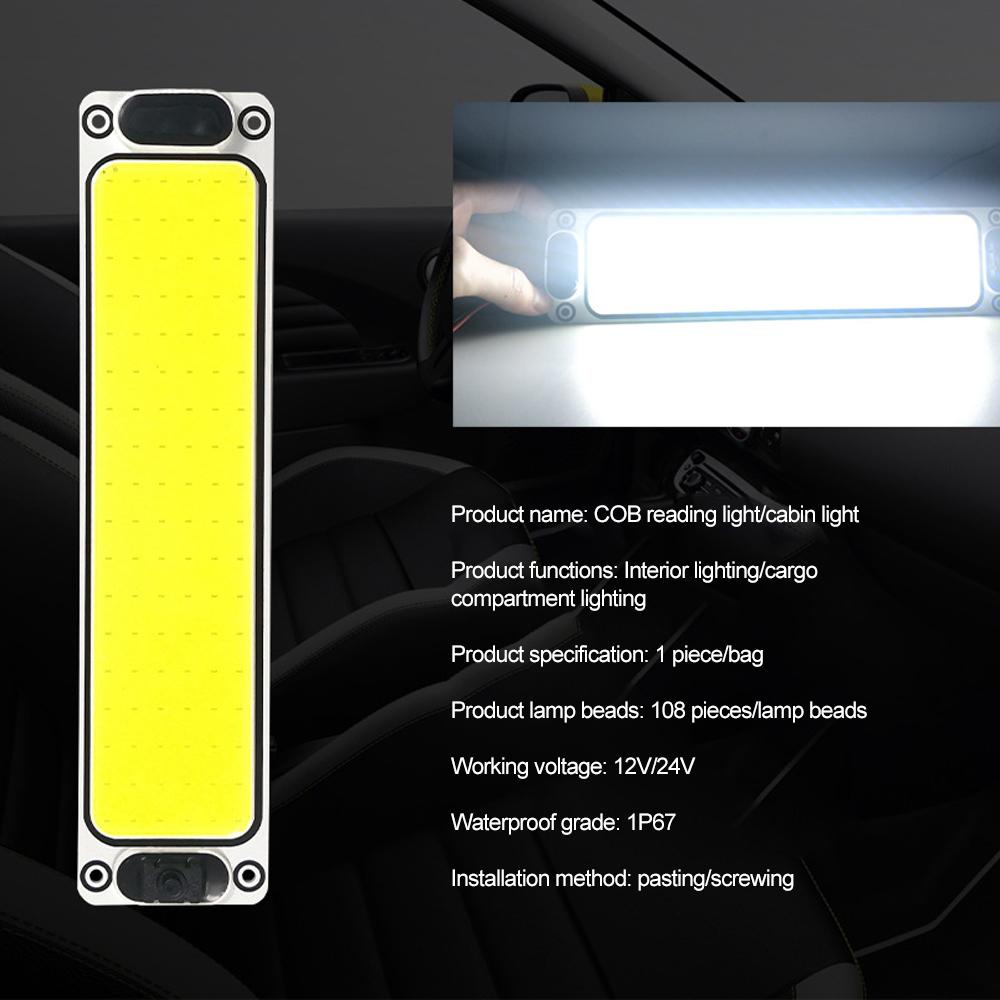 108 Smd 12-24V Car Dome Light COB Reading Night Strip Interior Light Ceiling Lamp 6000K with On Off Switch for Van Lorry Truck