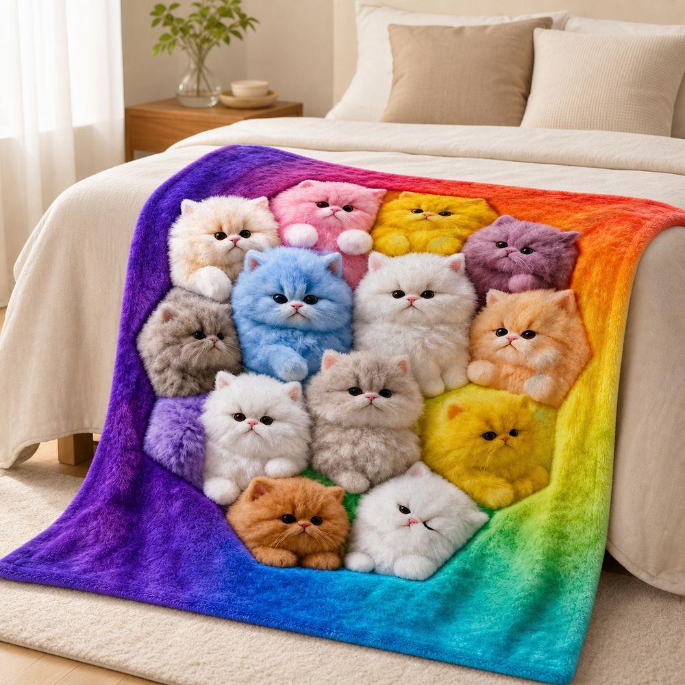 150x130cm Plush Blanket Rainbow Gradient Nap Blanket Cat Print Blanket for Kids Room Home Travel
