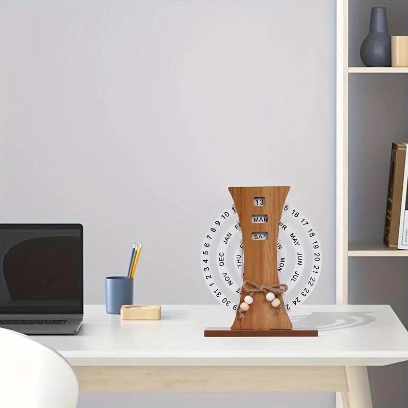 Creative DIY Wooden Perpetual Calendar Rotatable Time Record Card Reusable Disk Calendar Aesthetic Desk Decor Wooden Calendar