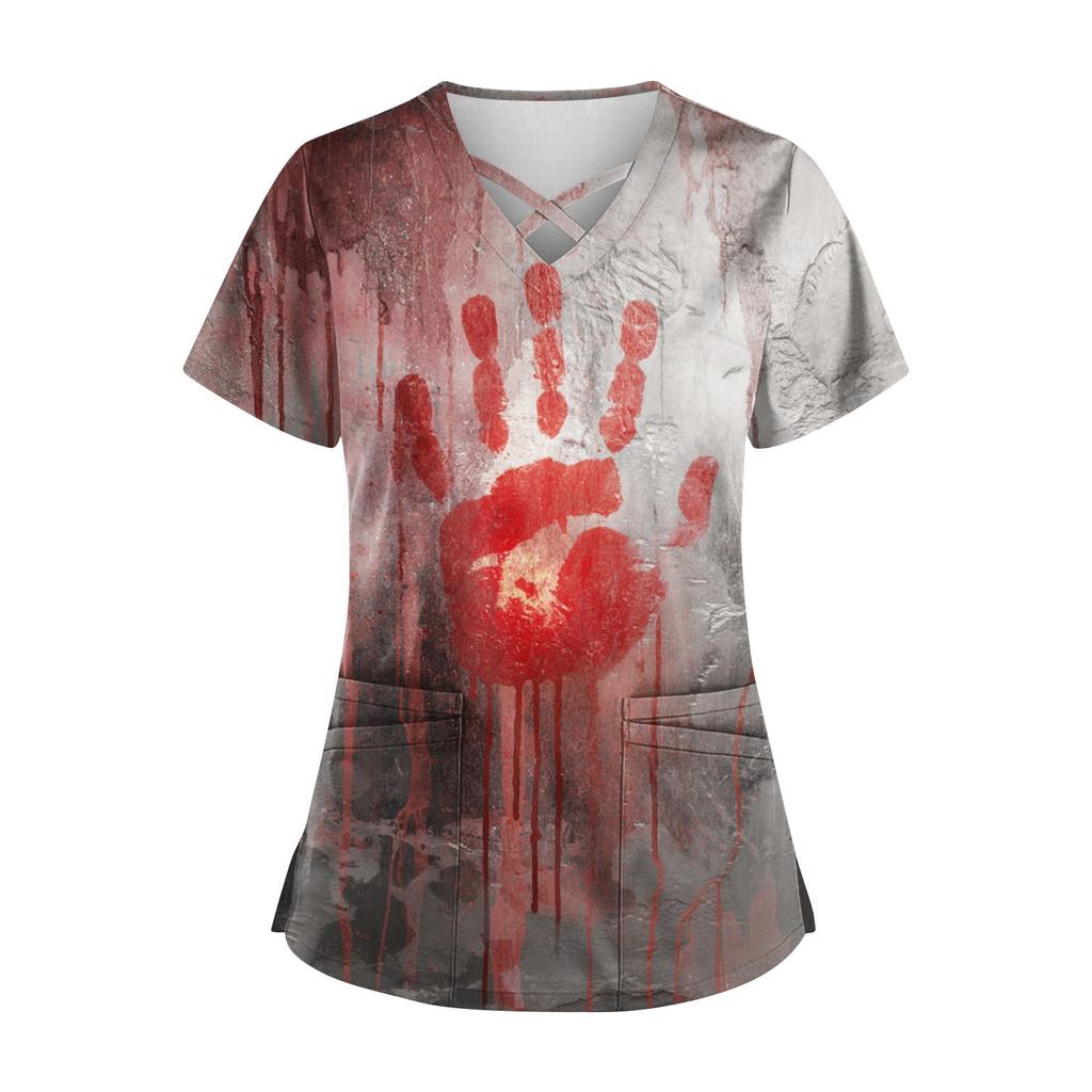 Women's Short Sleeve Stagger V Neck Print Pocket Dry- Top