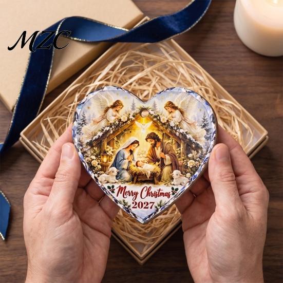 Vintage Style Holiday Hanging Tags Wooden Nativity Ornament for Christmas Tree Decorations, Retro Religious Heart Shape Gifts Scene Garland Decoration